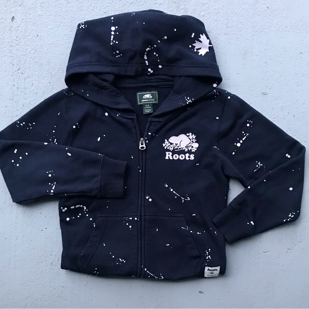 ROOTS Kids 5/6 Navy Paint Splattered Sweatshirt Organic Cotton Zip Up Hoodie